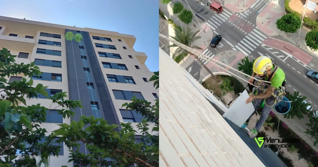 Trabajos verticales de impermeabilización de fachadas en fachada exterior de edificio. Plano exterior aéreo y primer plano de los trabajos.