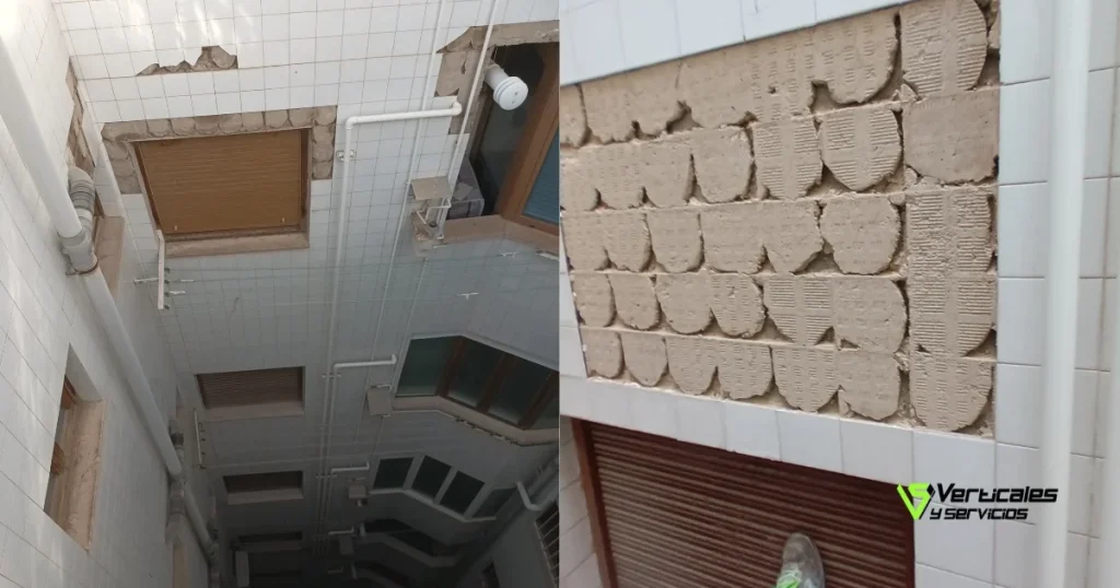 Fachada interior con desprendimientos.