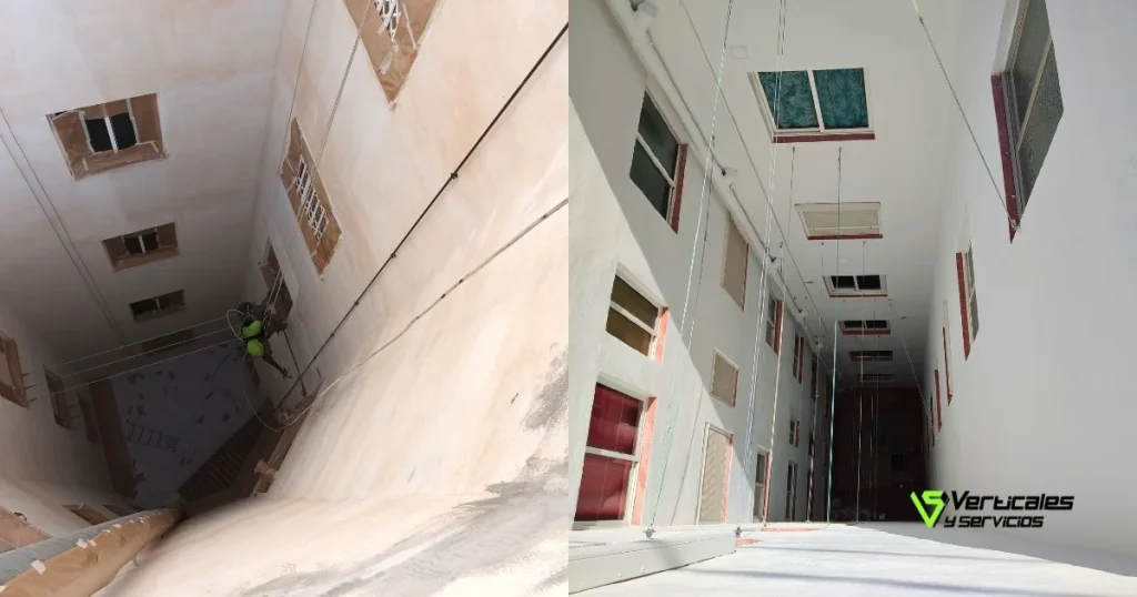 Rehabilitación de patio de luces interior antes y después.