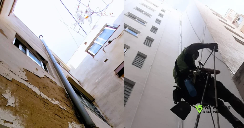 Imagen a la izquierda de una fachada pendiente de recibir tratamiento y, imagen derecha con un operario de trabajos verticales al pintar la fachada sin andamios.