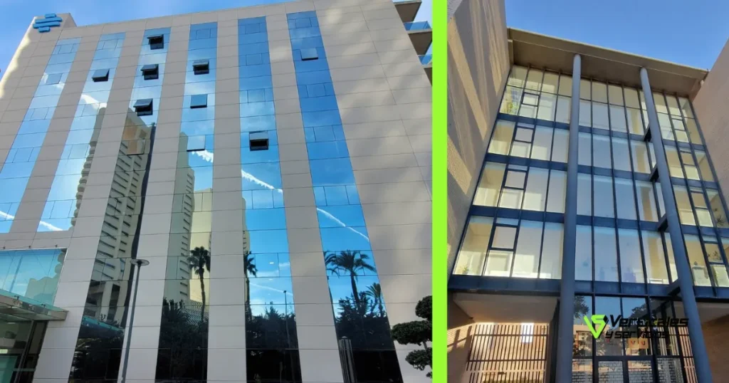 Dos fachadas donde se han ejecutado trabajos de Verticales y Servicios en IMED Elche y Hotel en San Vicente del Raspeig.