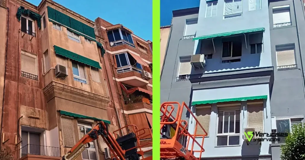 Imagen de antes y después de efectuar una actuación de trabajos verticales en altura bajo un estricto control documental en obras de comunidades.